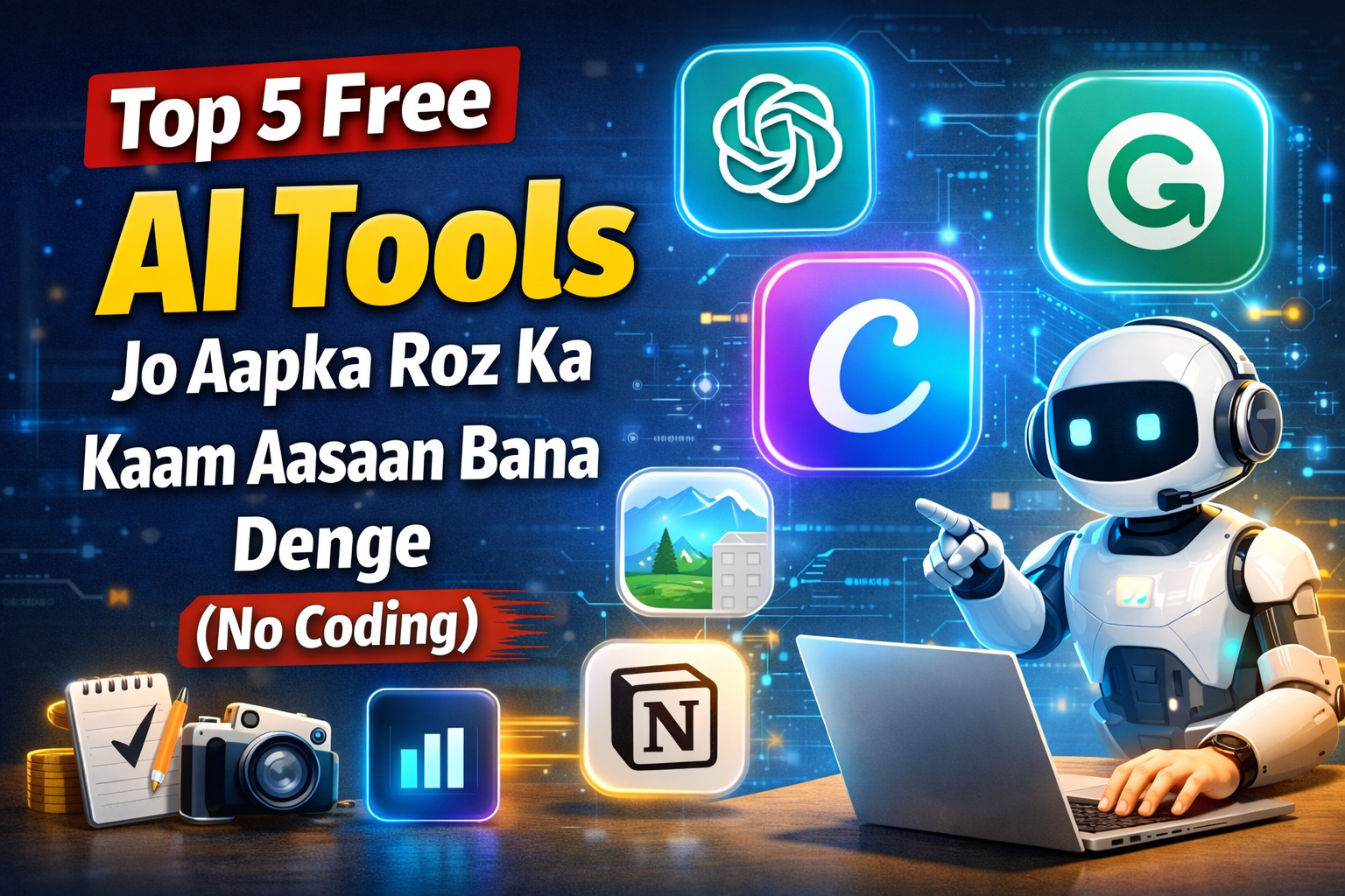 Top 5 Free AI Tools Jo Aapka Roz Ka Kaam Aasaan Bana Denge (No Coding)